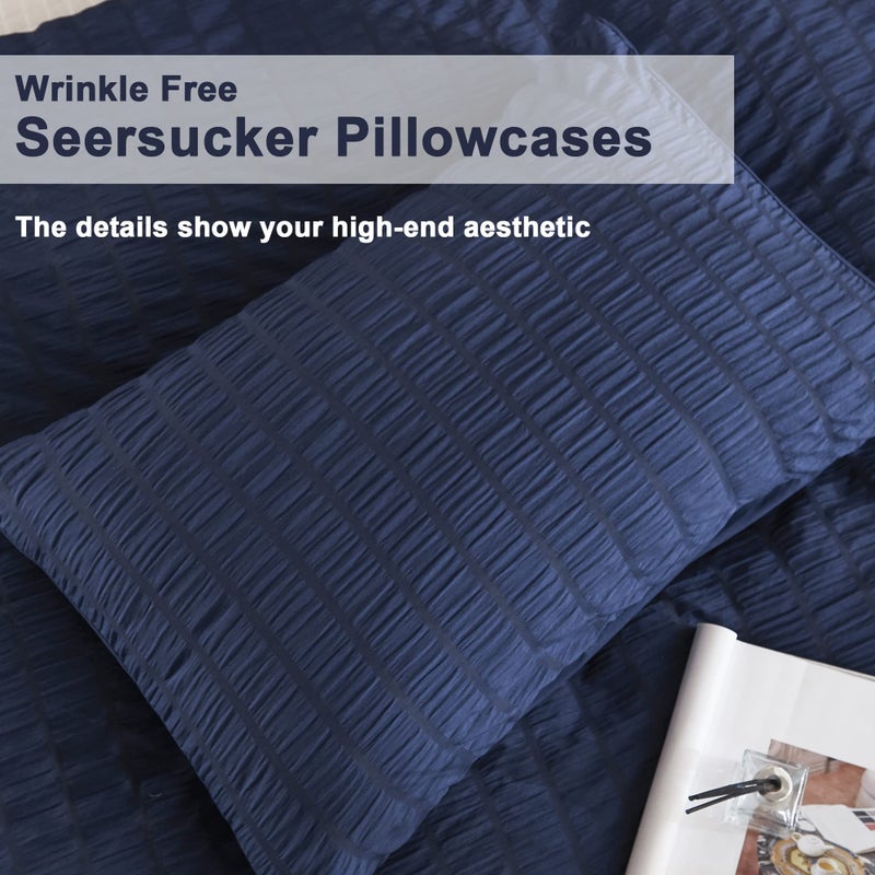 AveLom Navy Blue Duvet Cover King (104 x 90 inches), 3 Pieces (1 Duvet Cover + 2 Pillow Cases), Seersucker Textured Ultra Soft Washed Microfiber, Textured Duvet Cover with Zipper Closure, Corner Ties - Image 5